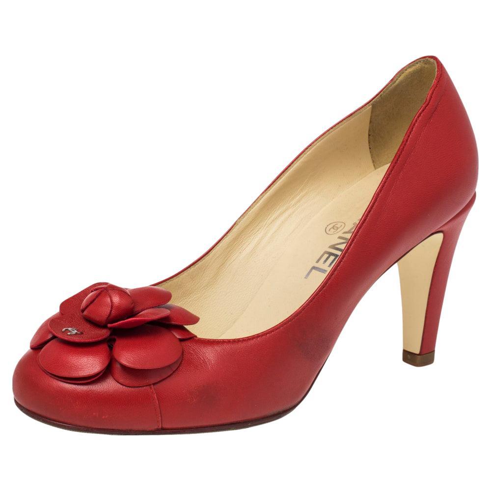 Chanel Red Leather Camellia Pumps Size 38
