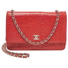 Chanel Red Leather Camellia Wallet On Chain