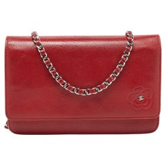 Chanel Red Leather Camellia Wallet On Chain