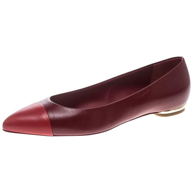 Chanel Red Leather Cap Toe Ballet Flats Size 39.5