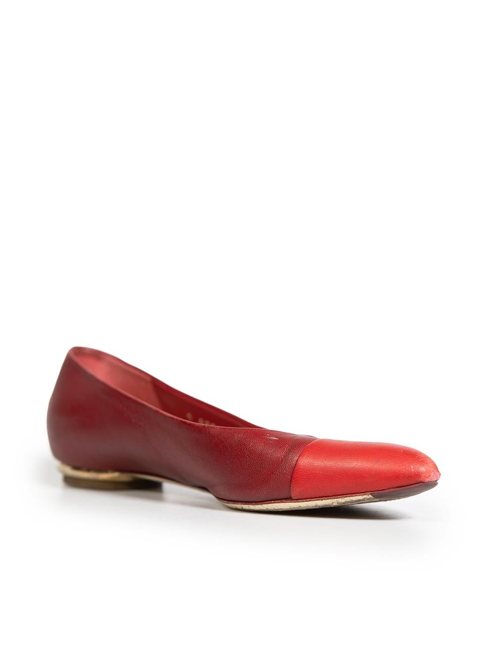 CONDITION is Good. General wear to flats is evident. Abrasions to the tips and discolouration marks to the insoles of both shoes. Discolouration marks can also be found to the the right side of the left shoe near the toe box, on the right side of
