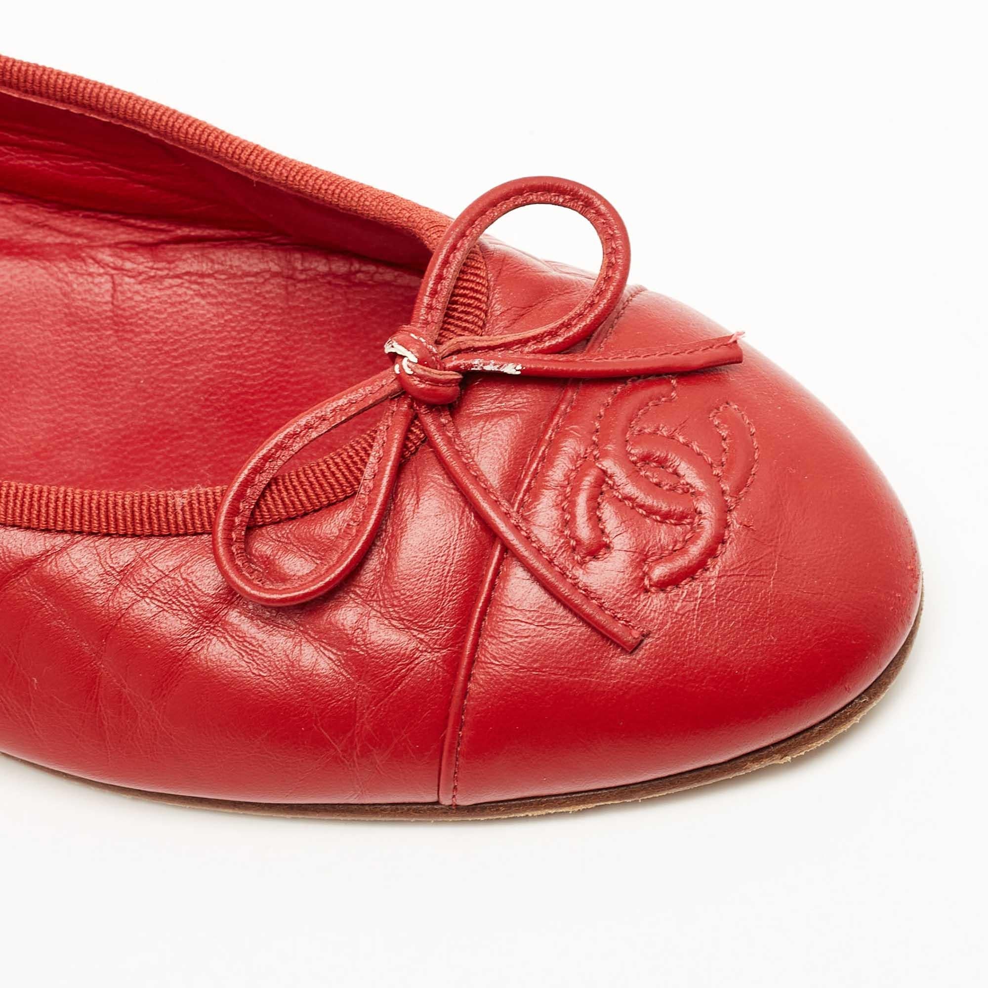 Chanel Red Leather CC Bow Ballet Flats Size 38.5 3