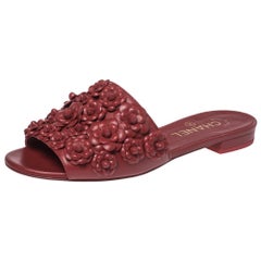Chanel Red Leather CC Camellia Flat Slides Size 37.5