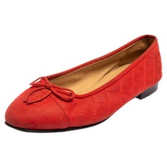 Chanel Red Leather CC Cap Toe Bow Ballet Flats Size 37