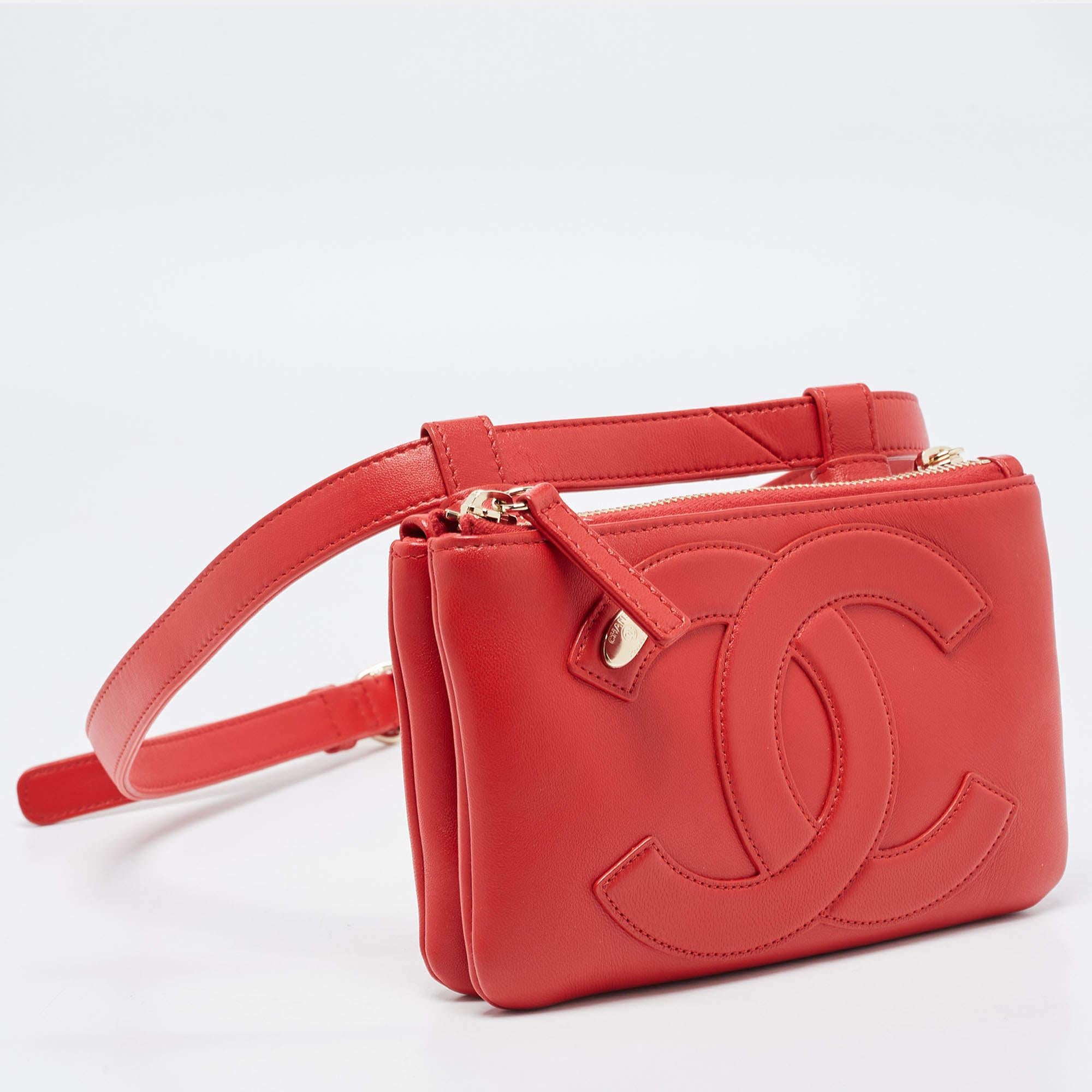 Chanel Red Leather CC Mania Double Zip Waist Belt Bag In Excellent Condition In Dubai, Al Qouz 2