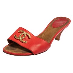 Chanel Red Leather CC Slide Sandals Size 37