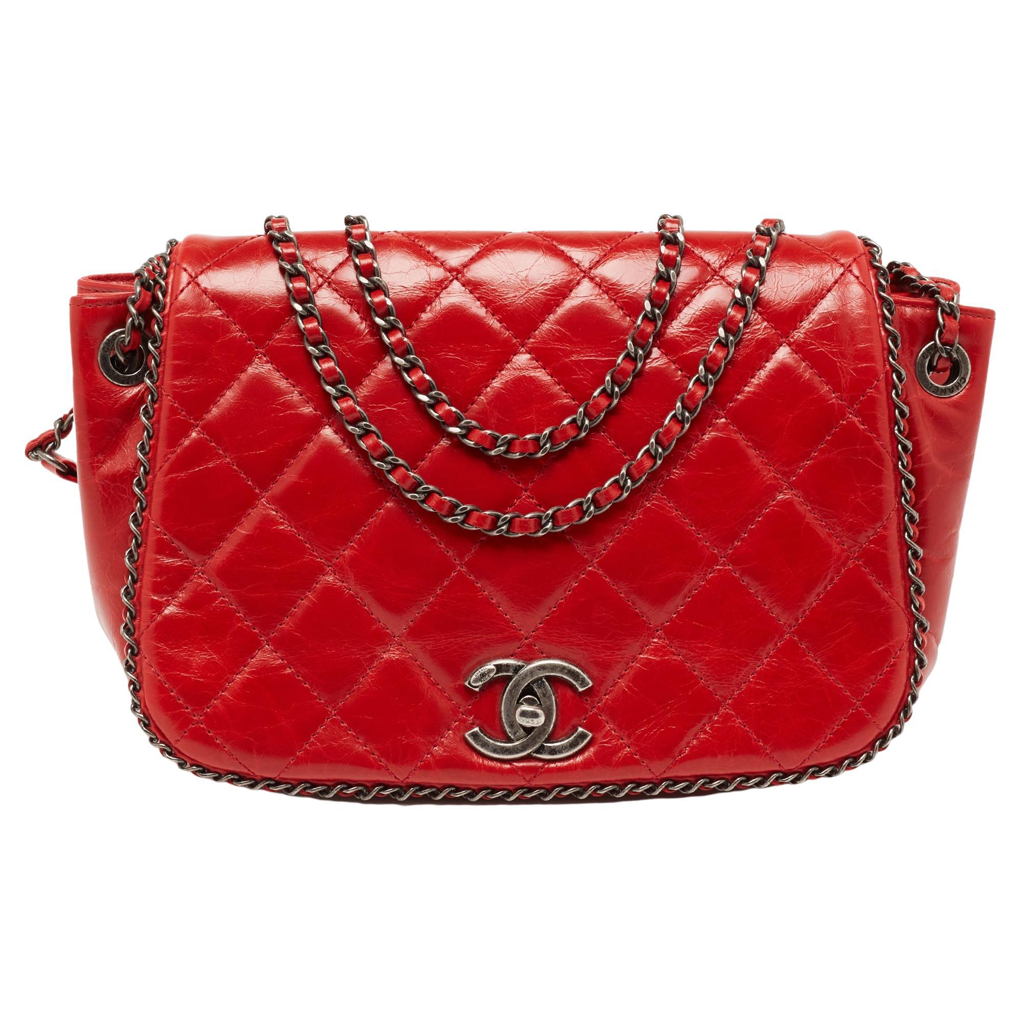 CHANEL Cruise Line Chain Tote Bag Canvas Red Navy CC Auth 53279
