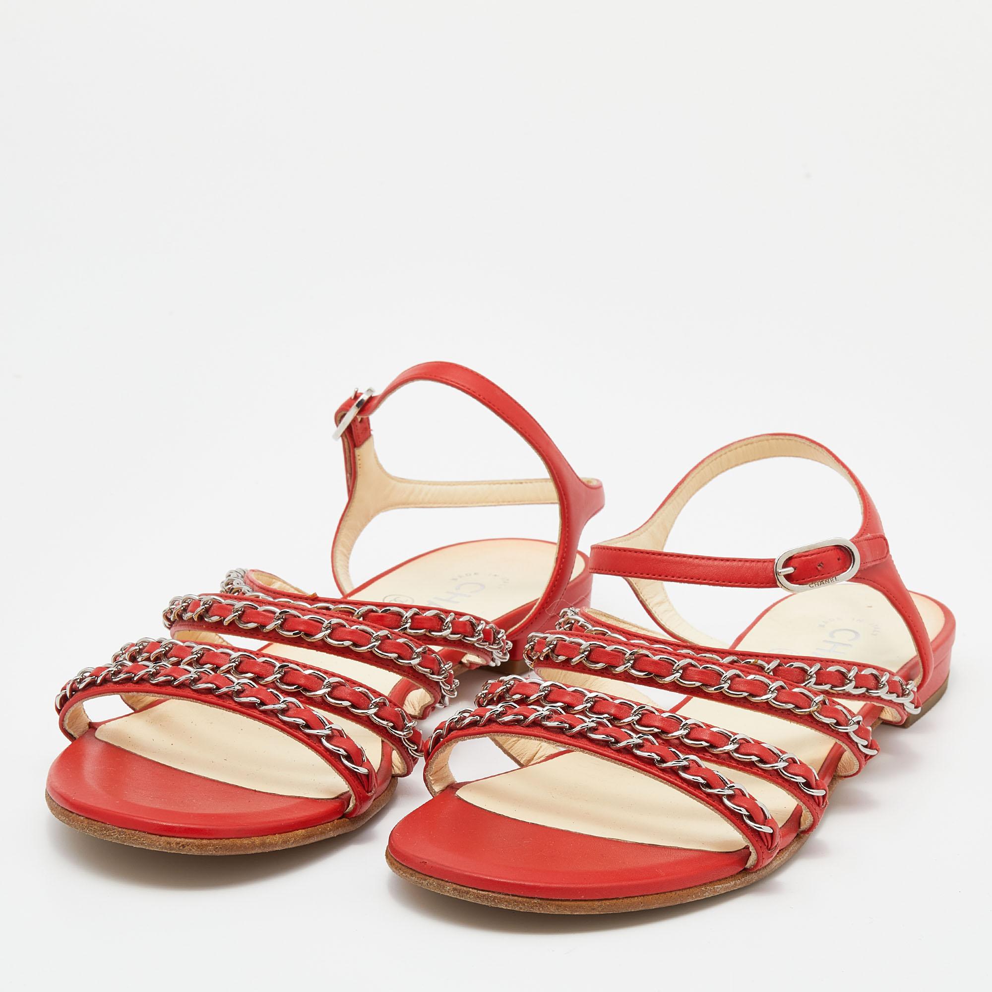 Women's Chanel Red Leather Chain Detail Strappy Flat Sandals Size 39.5