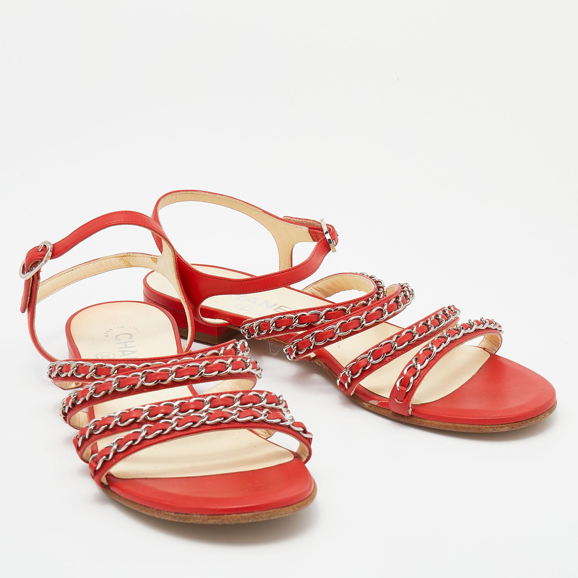 Chanel Red Leather Chain Detail Strappy Flat Sandals Size 39.5 1