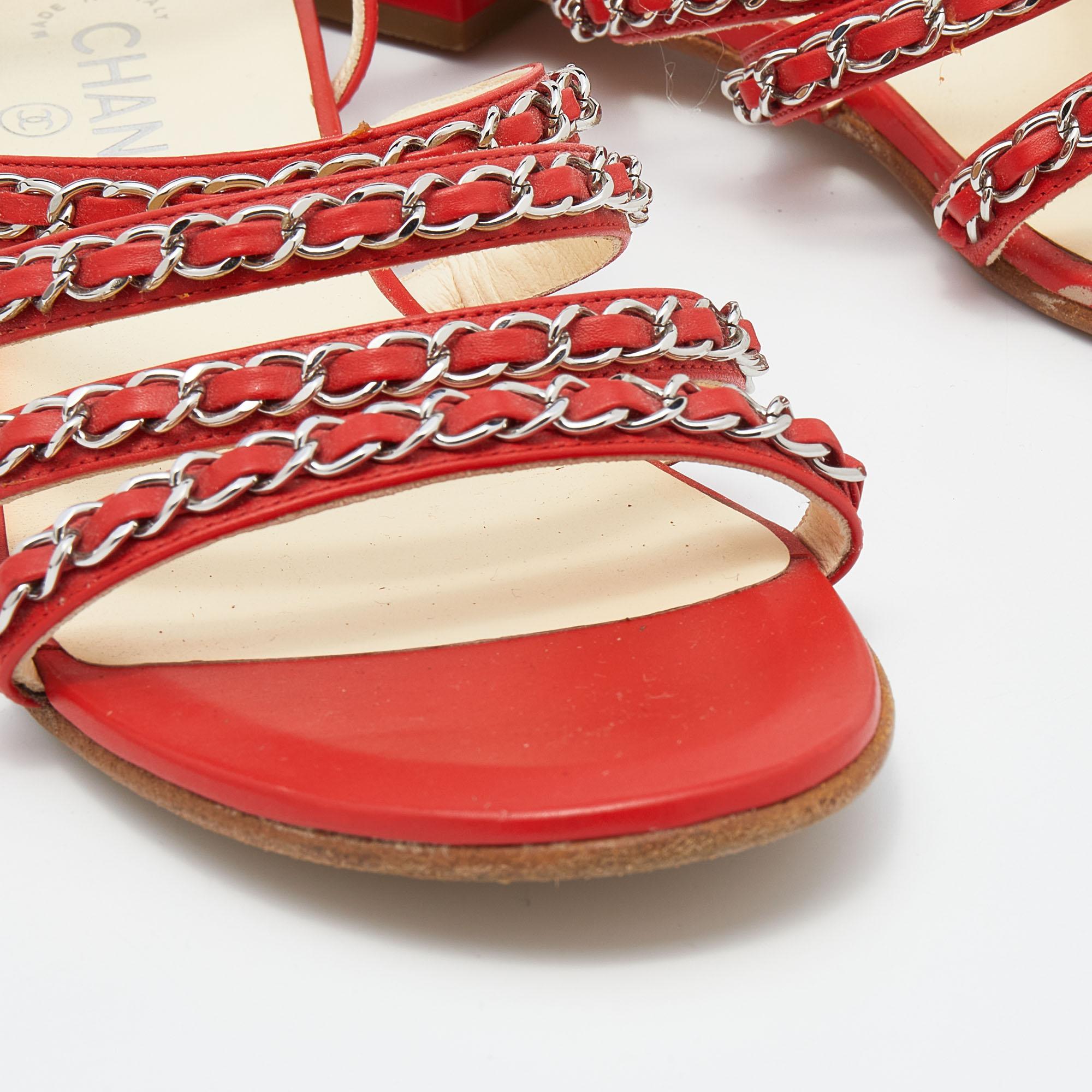 Chanel Red Leather Chain Detail Strappy Flat Sandals Size 39.5 3