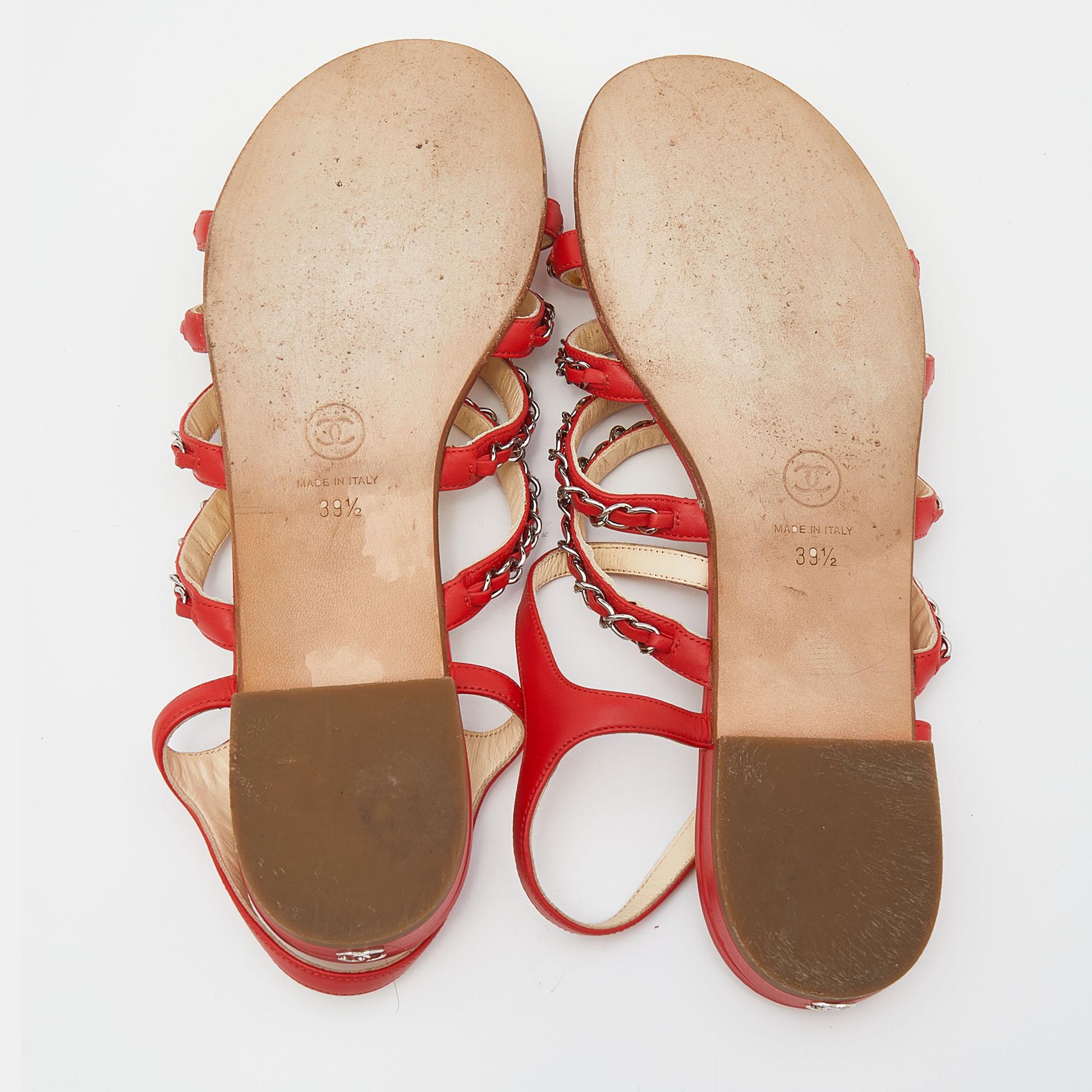 Chanel Red Leather Chain Detail Strappy Flat Sandals Size 39.5 4