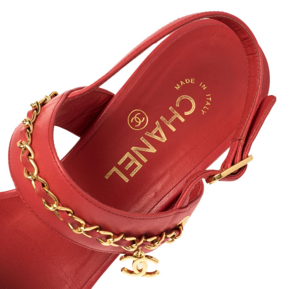 Women's Chanel Red Leather Chain Link Open Toe Ankle Strap Sandals Size 37.5