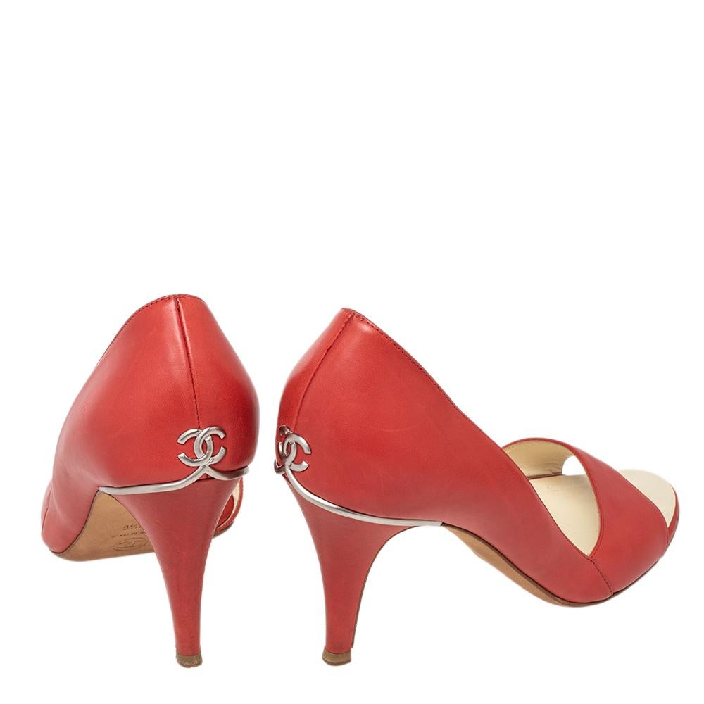 Chanel Red Leather D'orsay Open Toe Pumps Size 39.5 1