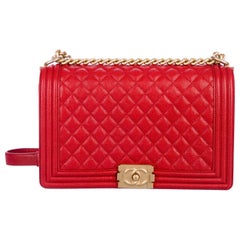 Chanel Red Leather Gold Jumbo Large Boy Evening Shoulder Bag in Box