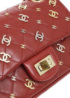 Chanel Red Leather Gold Silver Logo Charm Small Mini Shoulder Flap Bag in Box
