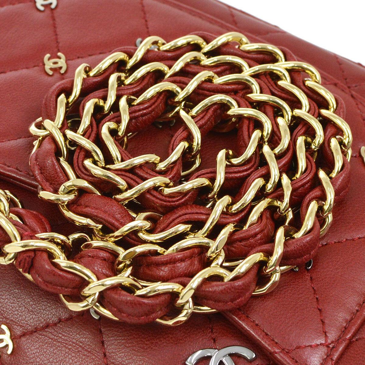 Brown Chanel Red Leather Gold Silver Logo Charm Small Mini Shoulder Flap Bag in Box