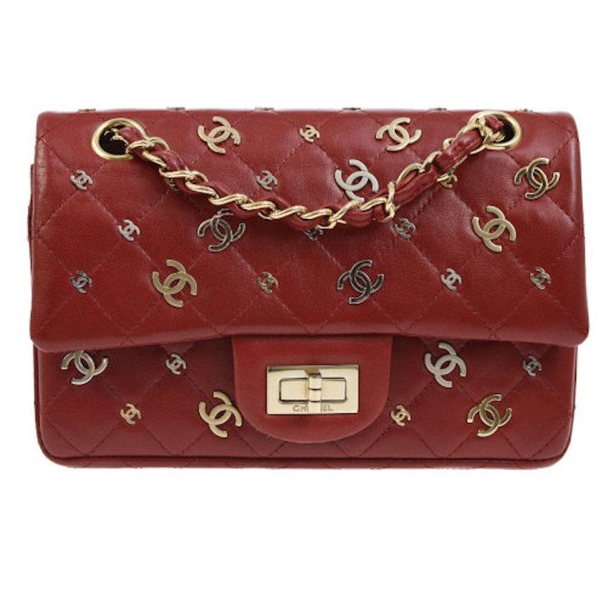 Chanel Red Leather Gold Silver Logo Charm Small Mini Shoulder Flap Bag in Box