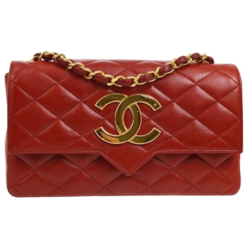 Chanel Red Leather Logo Gold Evening Small Single Shoulder Flap Bag