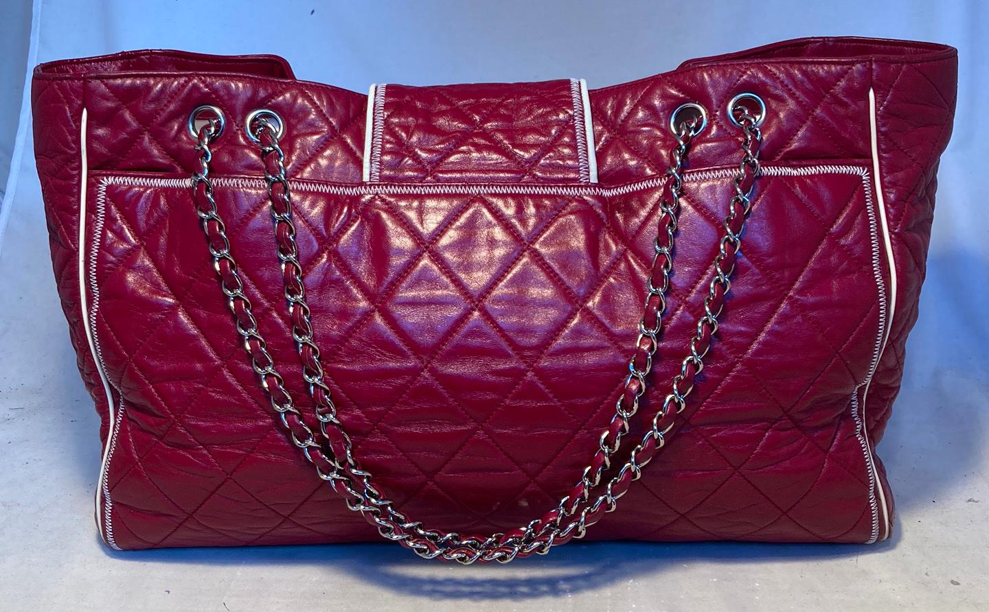 Purple Chanel Red Leather Mademoiselle Lock Front East West Tote