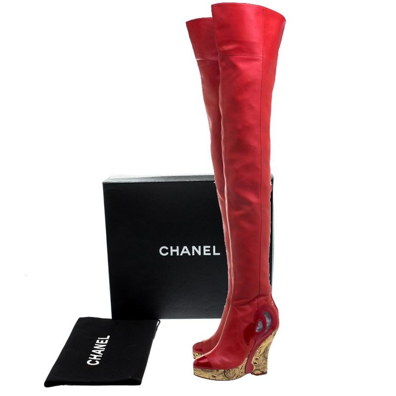 Chanel Red Leather Metallic Gold Brocade Wedge Thigh High Boots Size 39 2