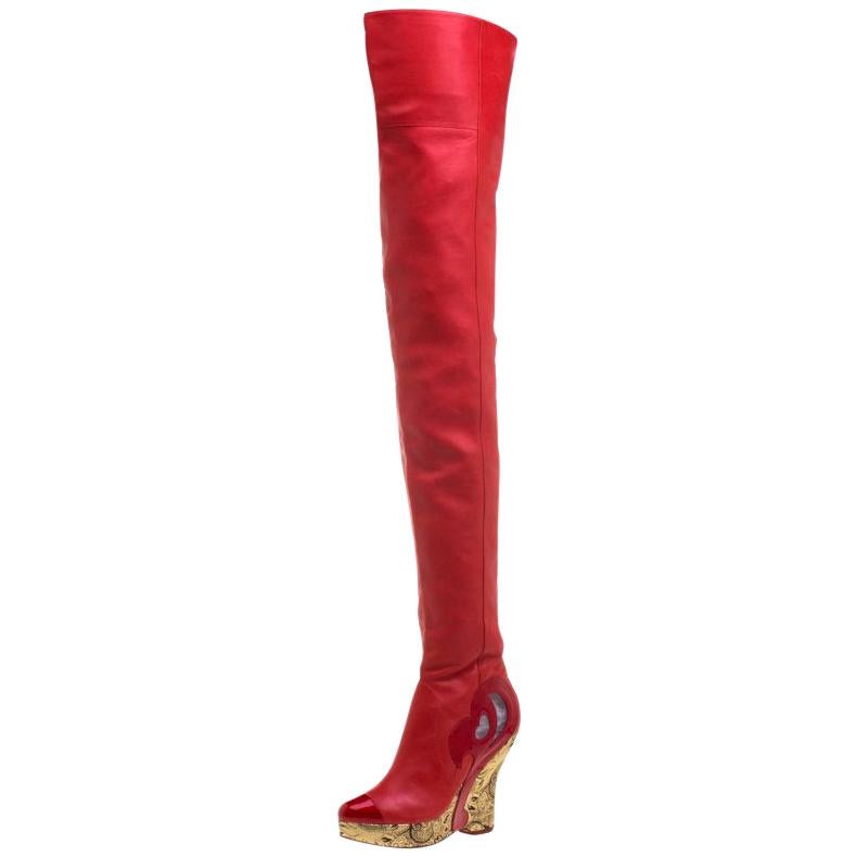 Chanel Red Leather Metallic Gold Brocade Wedge Thigh High Boots Size 39