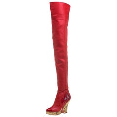 Chanel Red Leather Metallic Gold Brocade Wedge Thigh High Boots Size 39.5