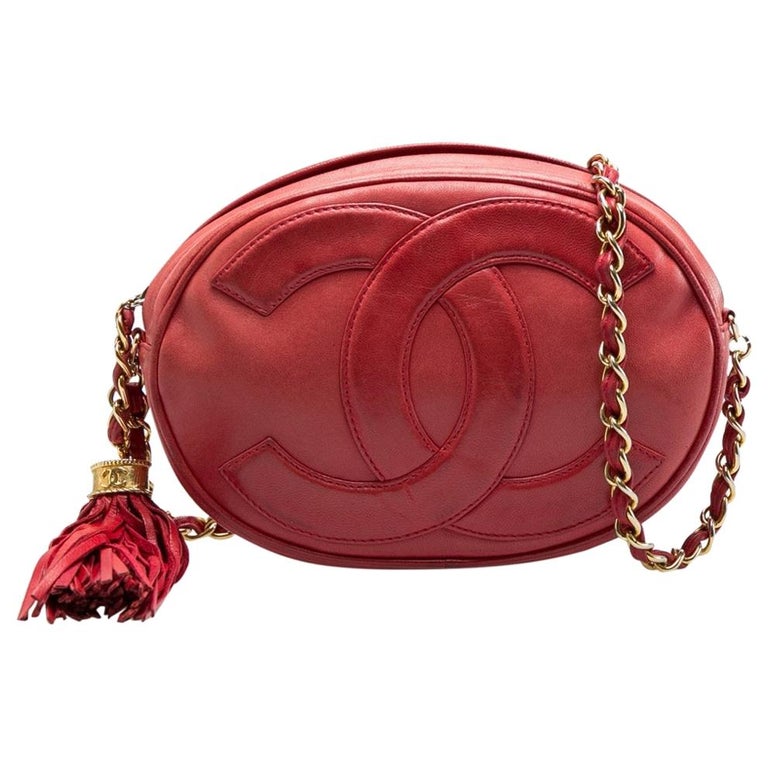 Chanel Red Leather Mini Oval CC Tassel Crossbody Bag For Sale at