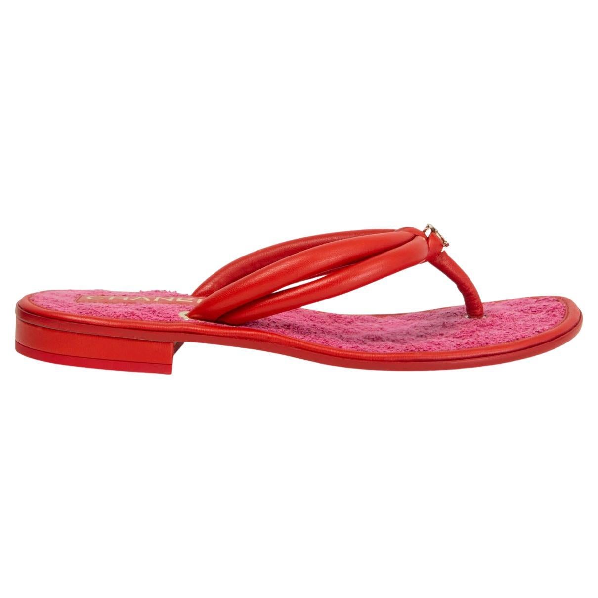 CHANEL red leather & pink terry cloth FLAT THONG Sandals Shoes 38.5