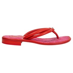 Used CHANEL red leather & pink terry cloth FLAT THONG Sandals Shoes 38.5