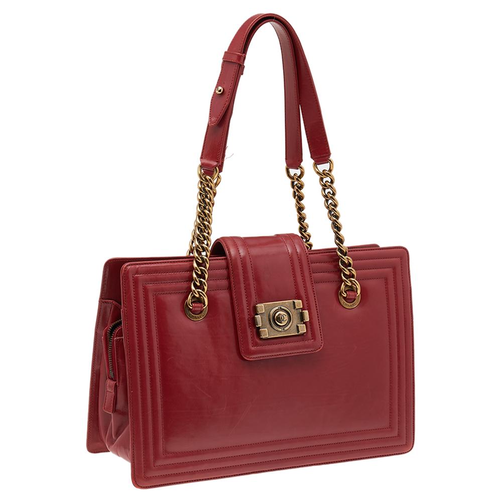 Chanel Red Leather Small Jetsetter Boy Tote In Good Condition In Dubai, Al Qouz 2