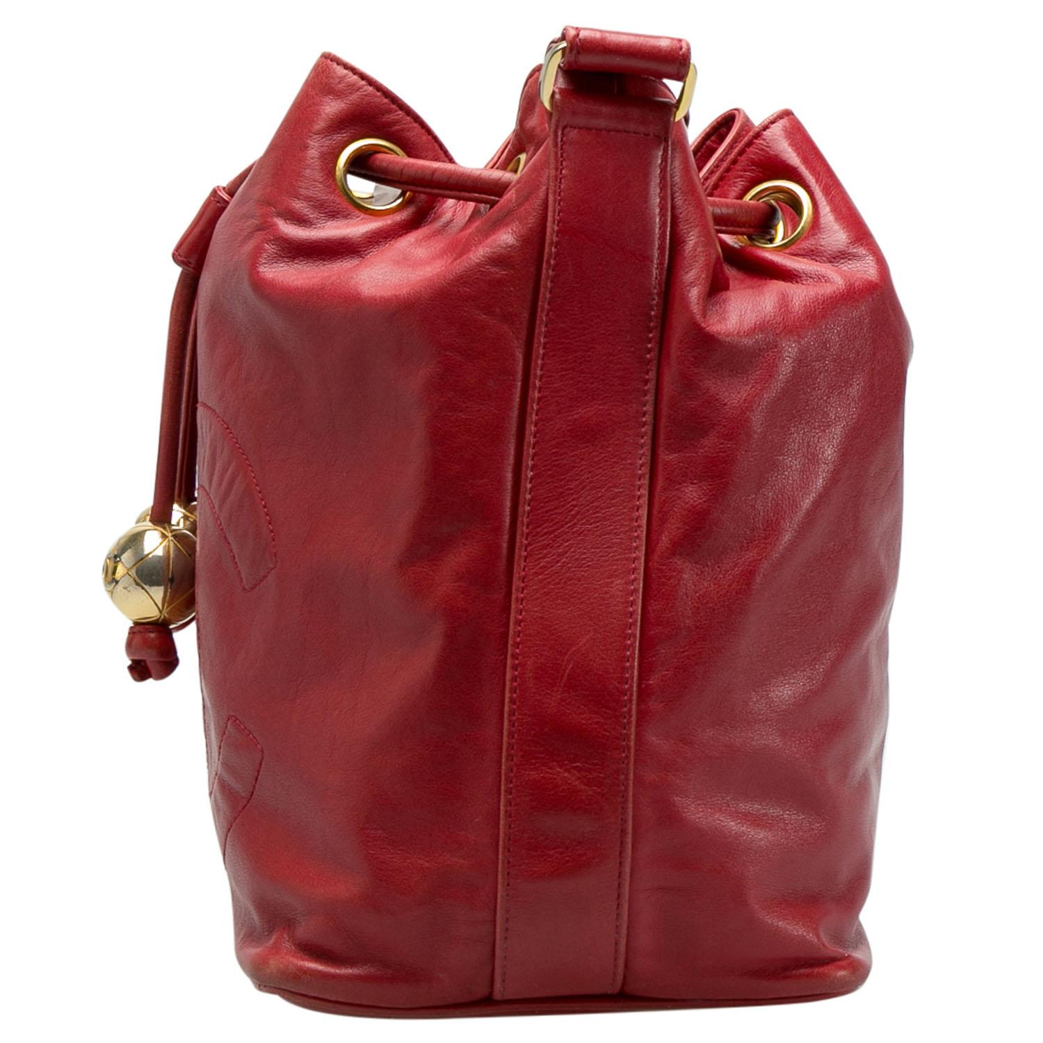 Women's Chanel Red Leather Vintage CC Drawstring Bucket Bag