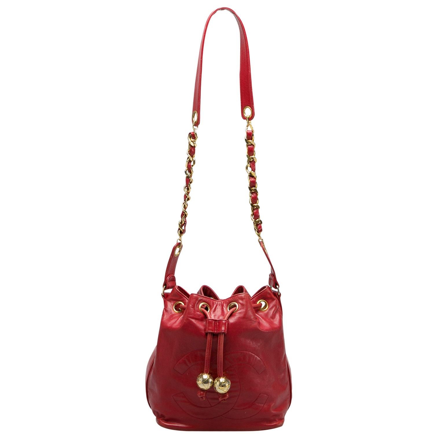 Chanel Red Leather Vintage CC Drawstring Bucket Bag 1