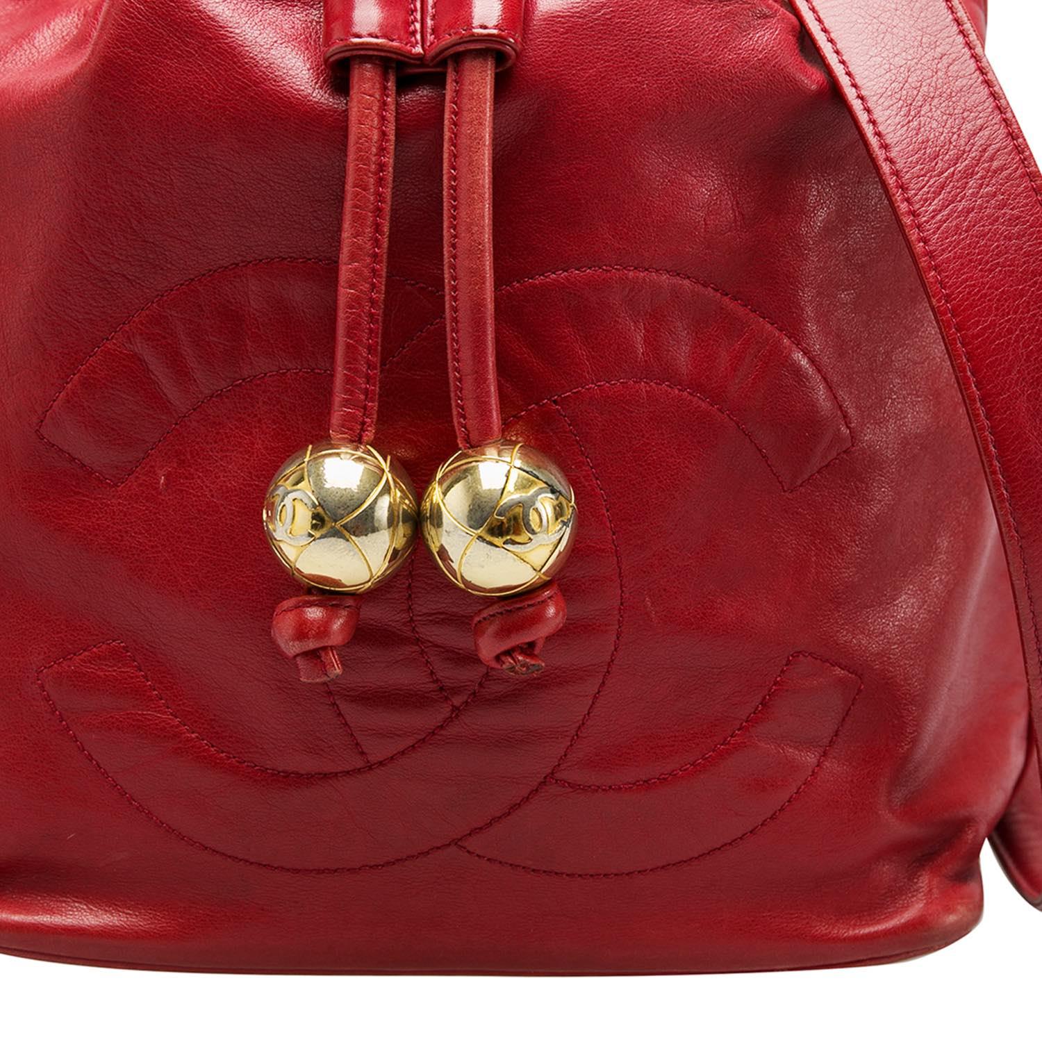 Chanel Red Leather Vintage CC Drawstring Bucket Bag 2
