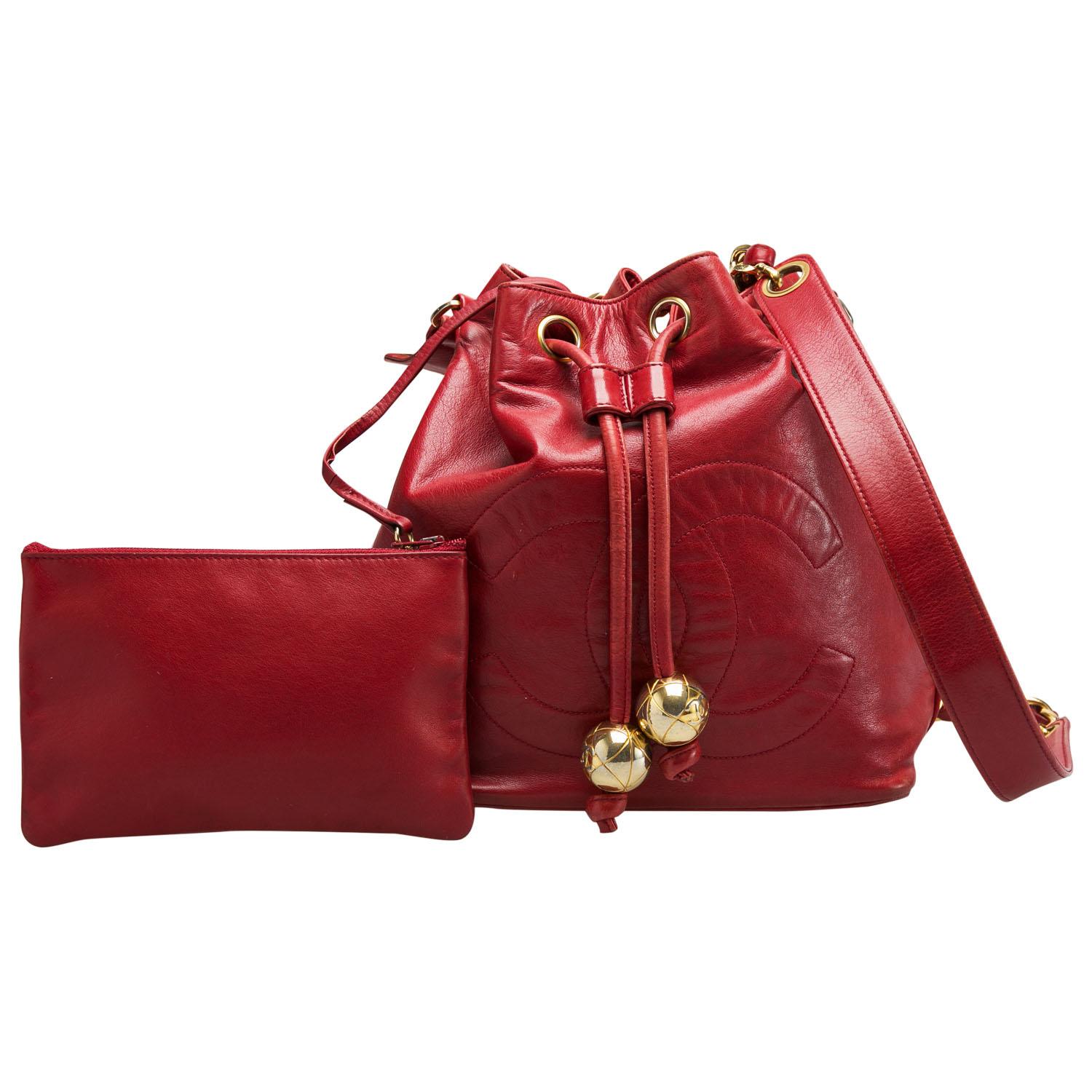 Chanel Red Leather Vintage CC Drawstring Bucket Bag 3