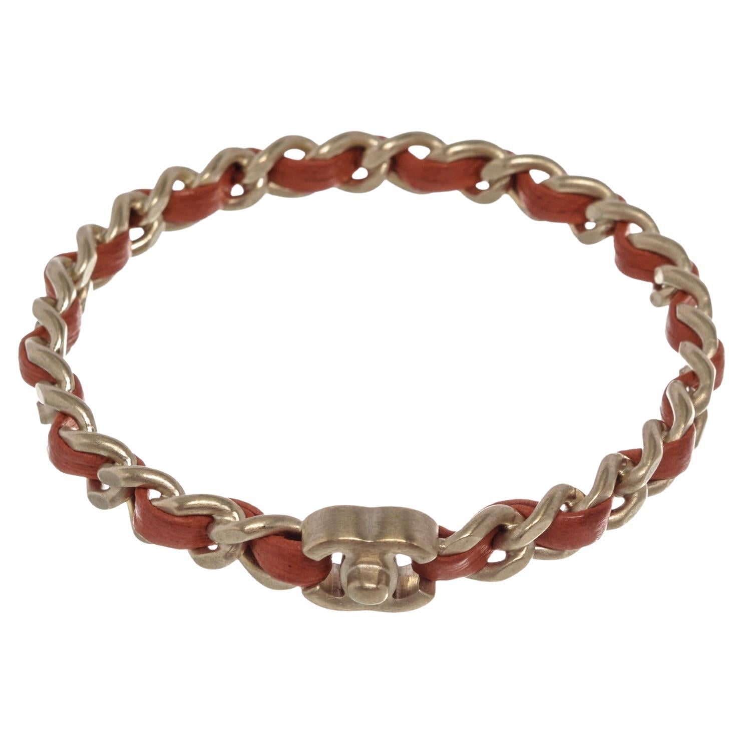 Chanel Red Leather Woven Silver-Tone Chain-Link CC Bangle Bracelet For Sale