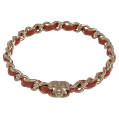 Chanel Red Leather Woven Silver-Tone Chain-Link CC Bangle Bracelet