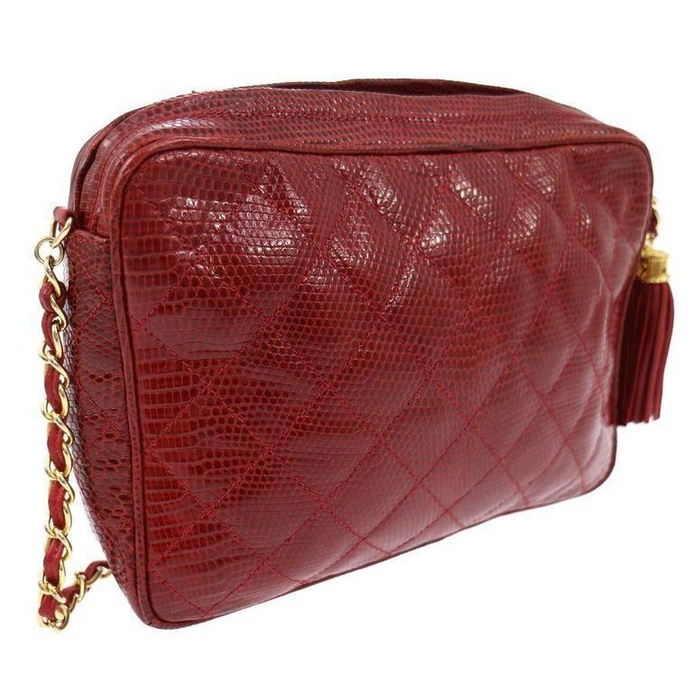 Chanel Red Lizard Leather Tassel Evening Camera Shoulder Bag In Good Condition In Chicago, IL