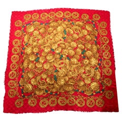 Chanel Red Medallion Logo Print Linen Scarf circa 1980s