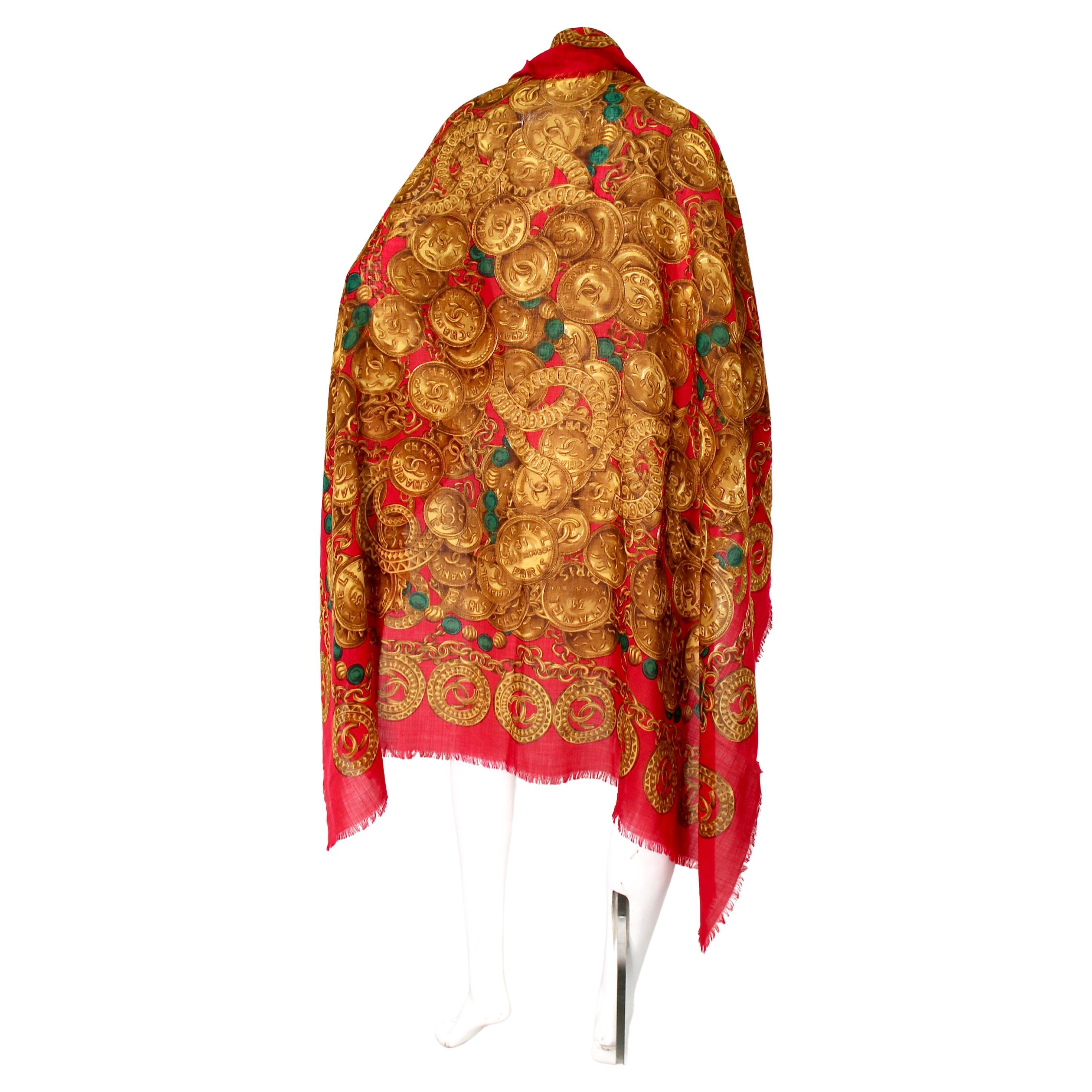 Chanel Red Medallion Logo Print Linen Scarf circa 1980s For Sale