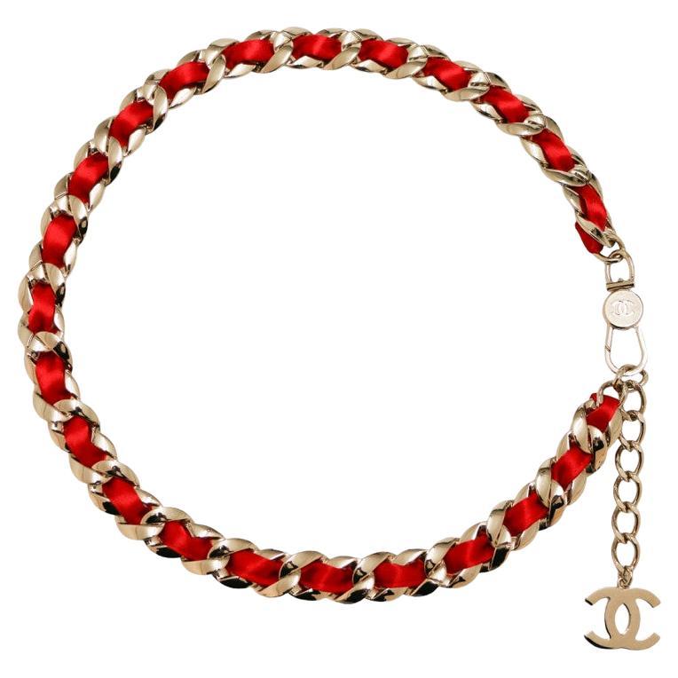 Chanel Red Metal and Satin Belt Chain