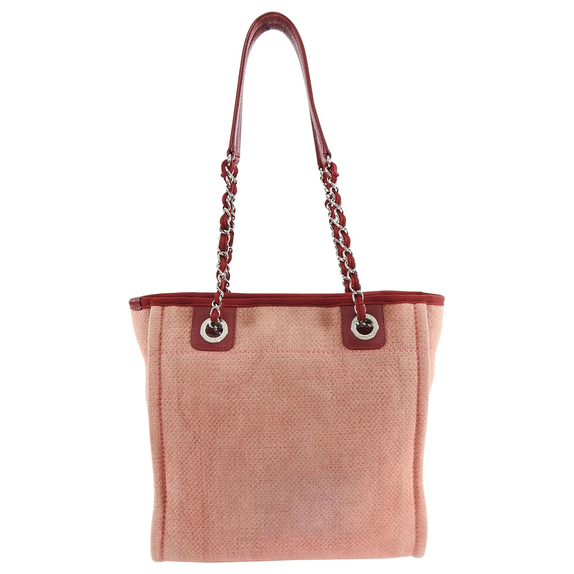 Chanel Red Mini Deauville Fabric Tote Bag In Good Condition In Toronto, ON