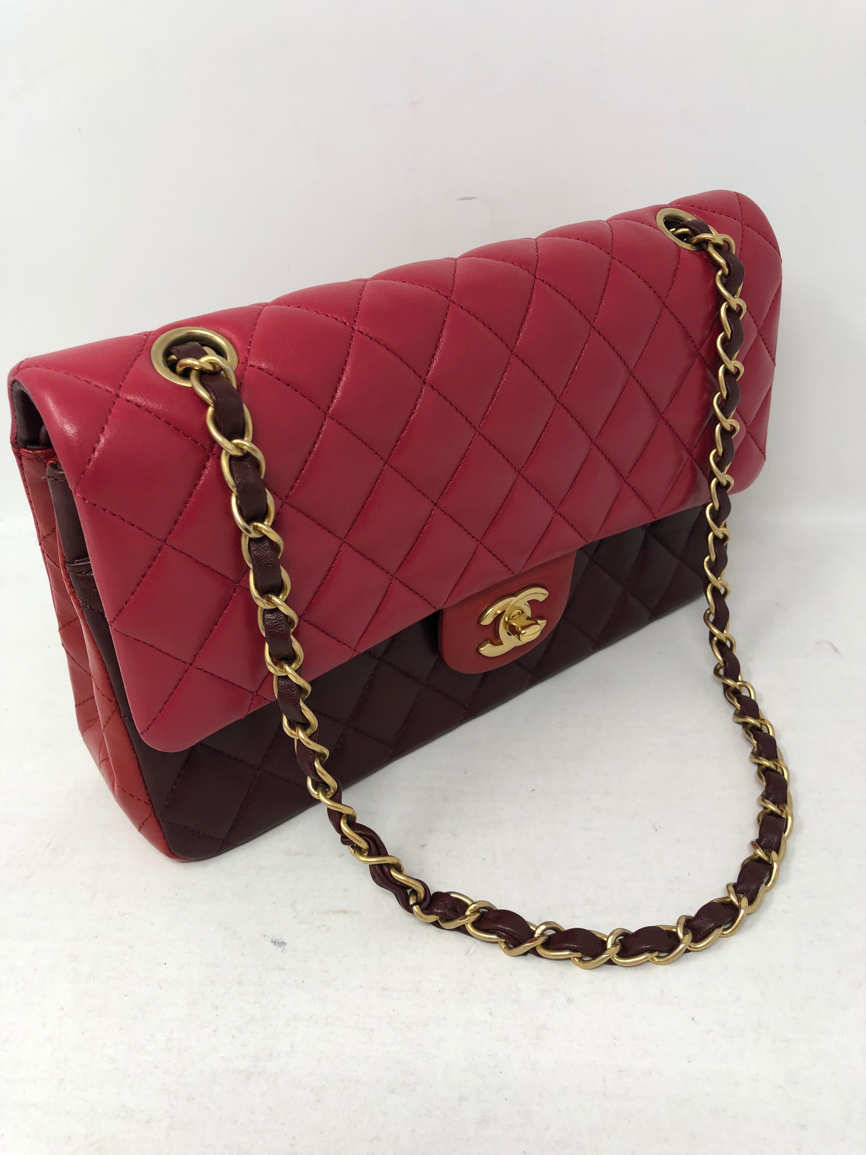 Chanel Red Multicolor Double Flap. Medium size. Lambskin leather. Matte Gold hardware. Mint like new condition. Beautiful combination of shades of red. Most wanted style bag. Limited edition. Includes authenticity card. Guaranteed authentic. 