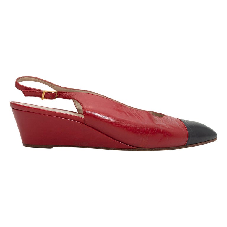 Chanel Red and Navy Cap-Toe Slingbacks For Sale at 1stDibs