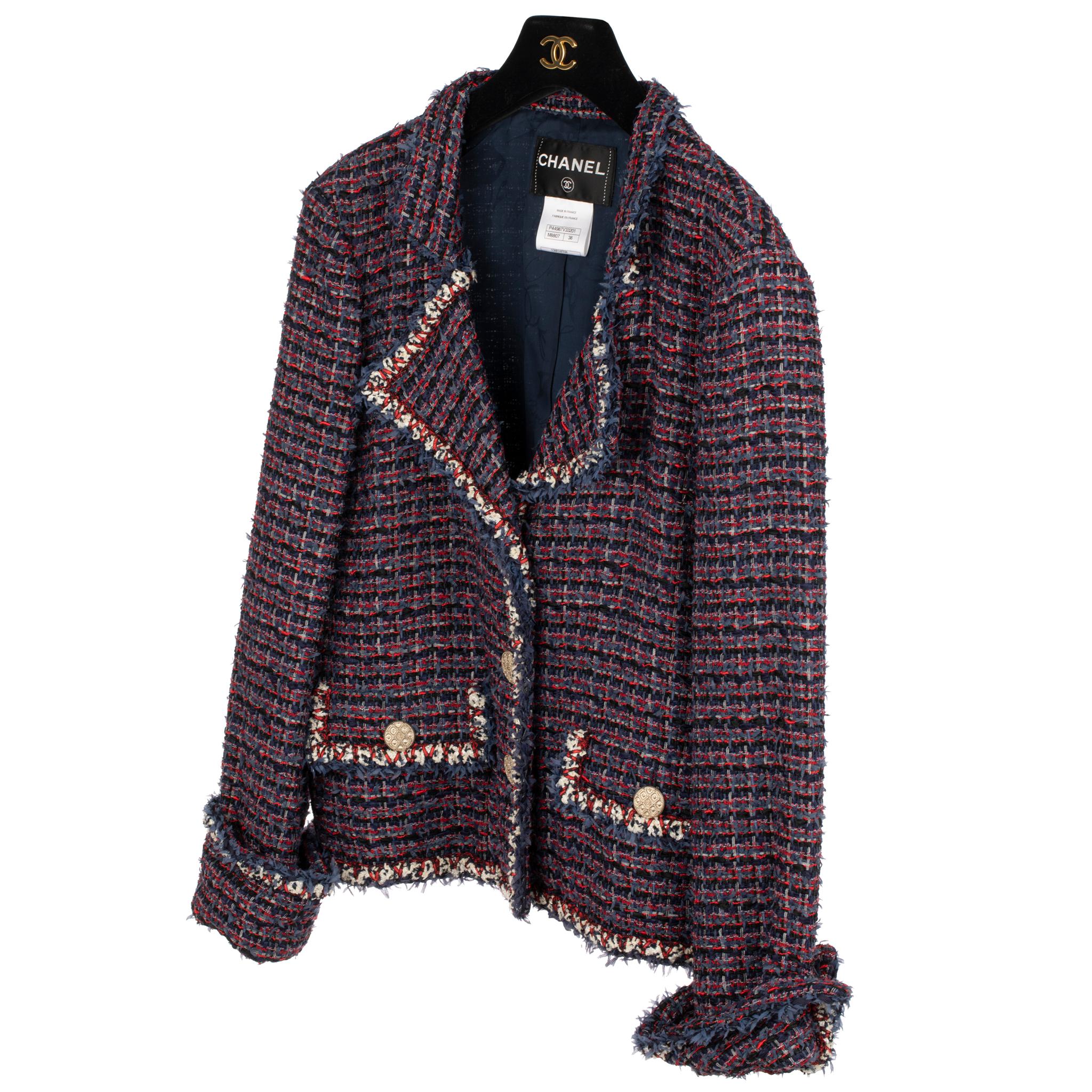 Chanel Blue, Red & Navy & Ivory Tweed Jacket 

Brand:

Chanel

Product:

Red, Navy & Ivory Tweed Jacket 

Size:

38 Fr

Colour:

Black & Ivory

Material:

Tweed: 46% Nylon, 19% Viscose, 14% Silk, 10% Wool, 5% Cotton, 4% Acrylic, 2% Other

Product