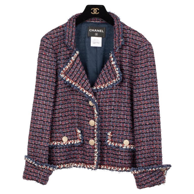 Chanel Red, Navy and Ivory Tweed Jacket 38 FR For Sale at 1stDibs
