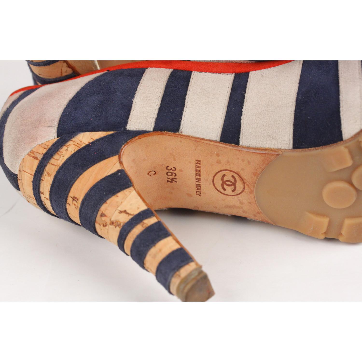 Chanel Red Navy White Suede Striped Pumps Heels Size 36.5 2