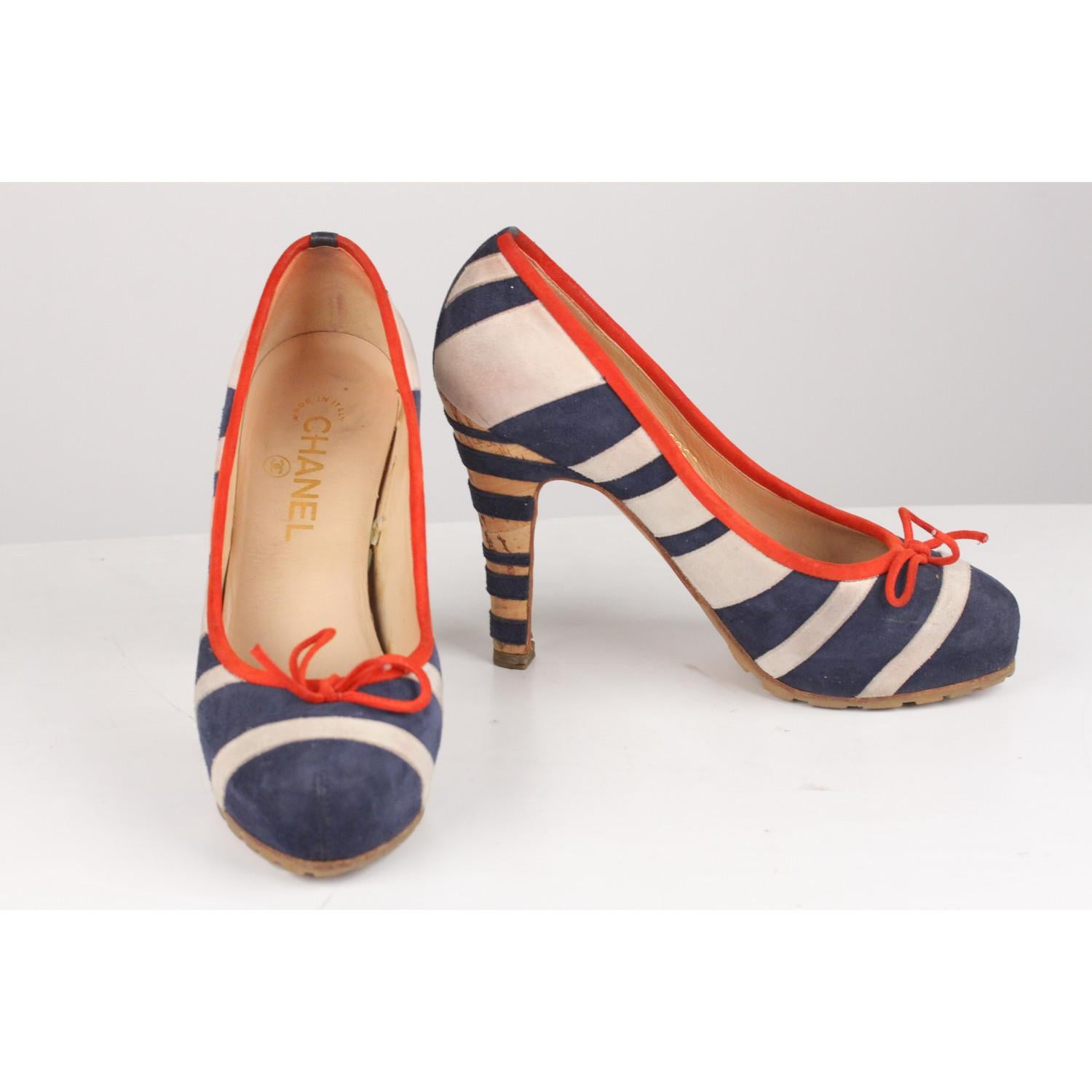 Brown Chanel Red Navy White Suede Striped Pumps Heels Size 36.5