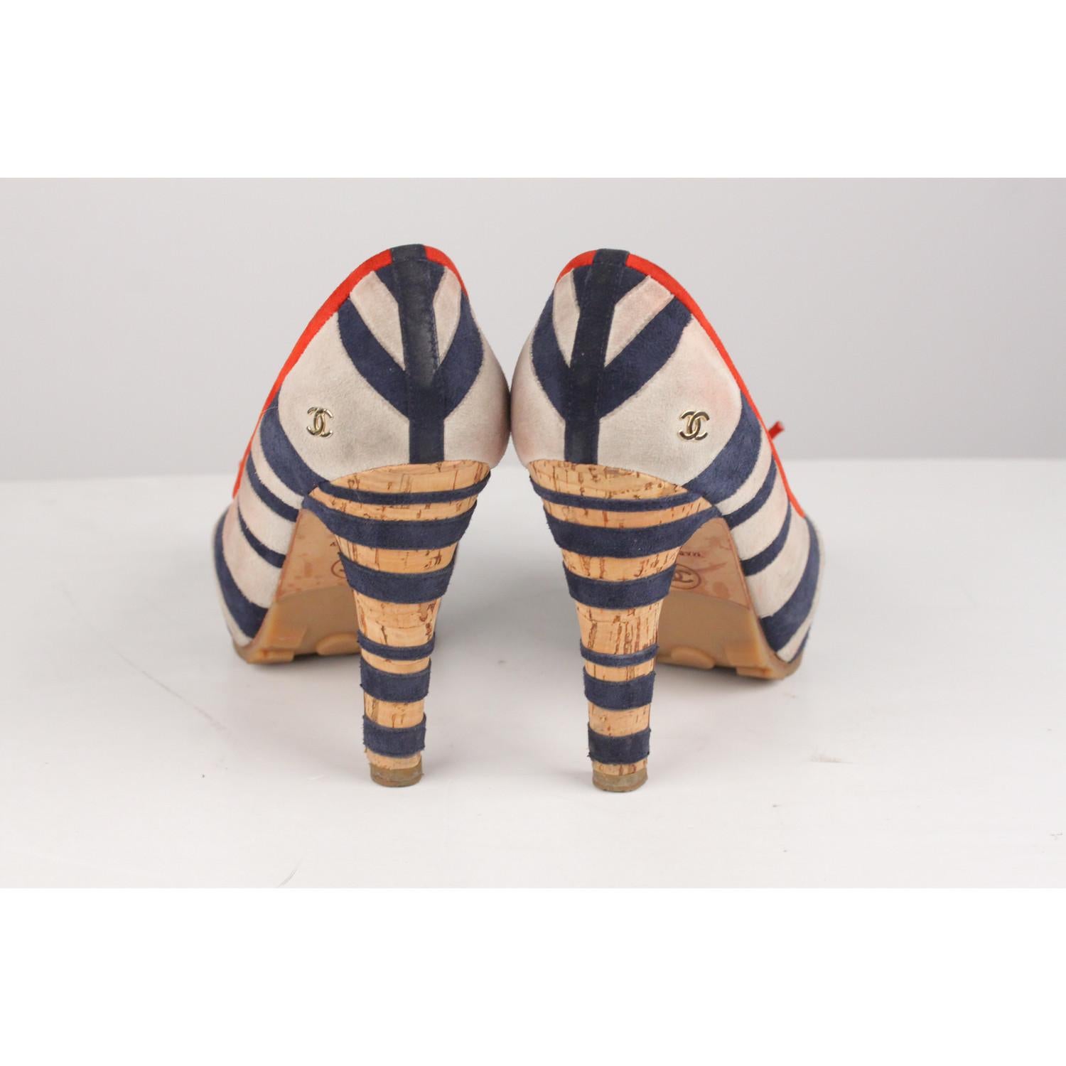 Chanel Red Navy White Suede Striped Pumps Heels Size 36.5 In Fair Condition In Rome, Rome
