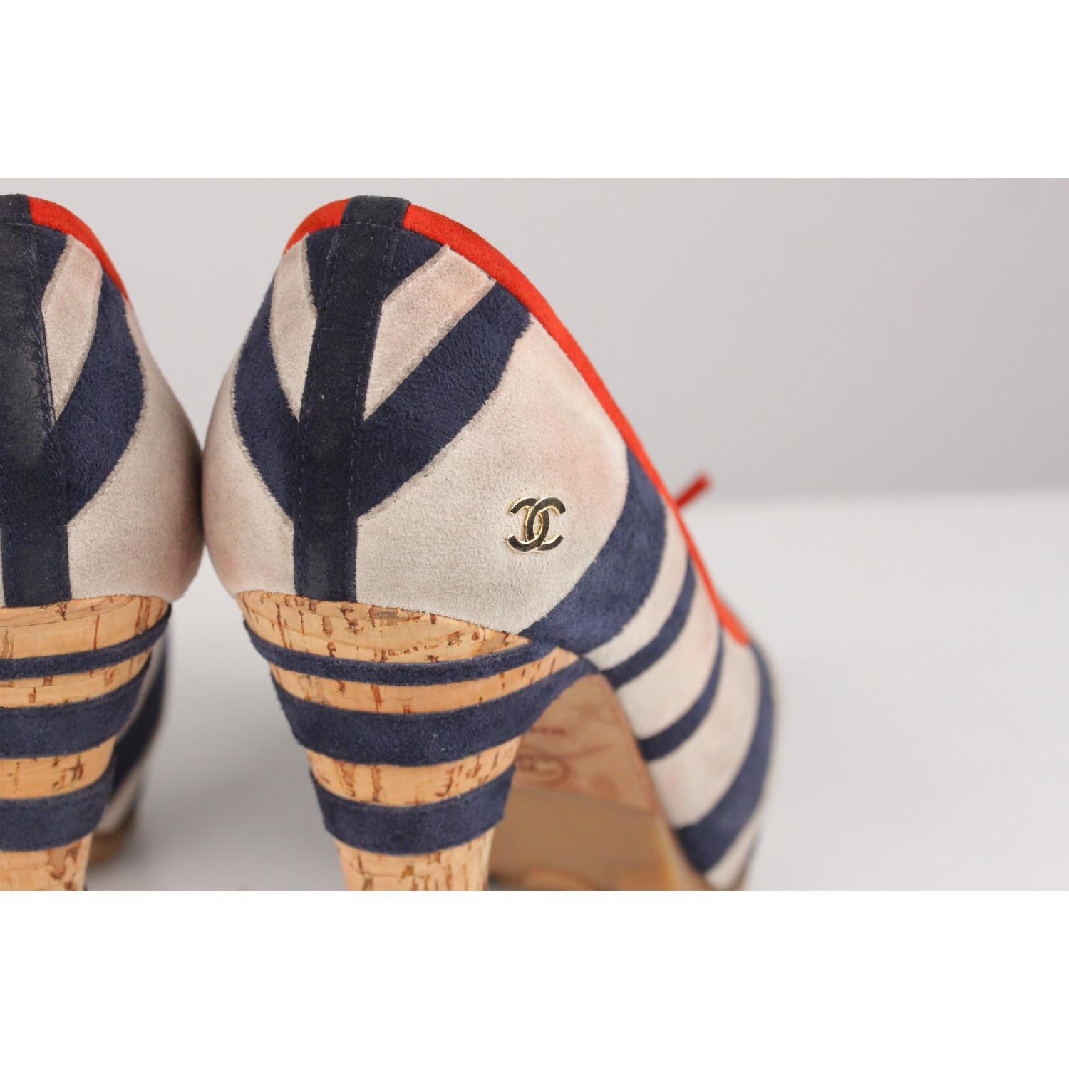 Women's Chanel Red Navy White Suede Striped Pumps Heels Size 36.5