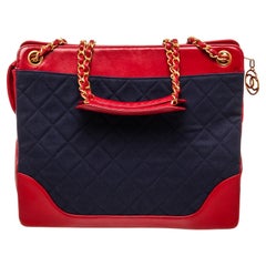 Chanel Red Nevy Denim Canvas Chain Tote Bag